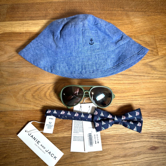 Janie and Jack Boy Mixed Lot Bucket Hat Sunglasses Bowtie Sailboat Preppy Summer - Picture 1 of 10